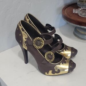 Ellie Brown and Gold Heels with Decorative Buckles 7